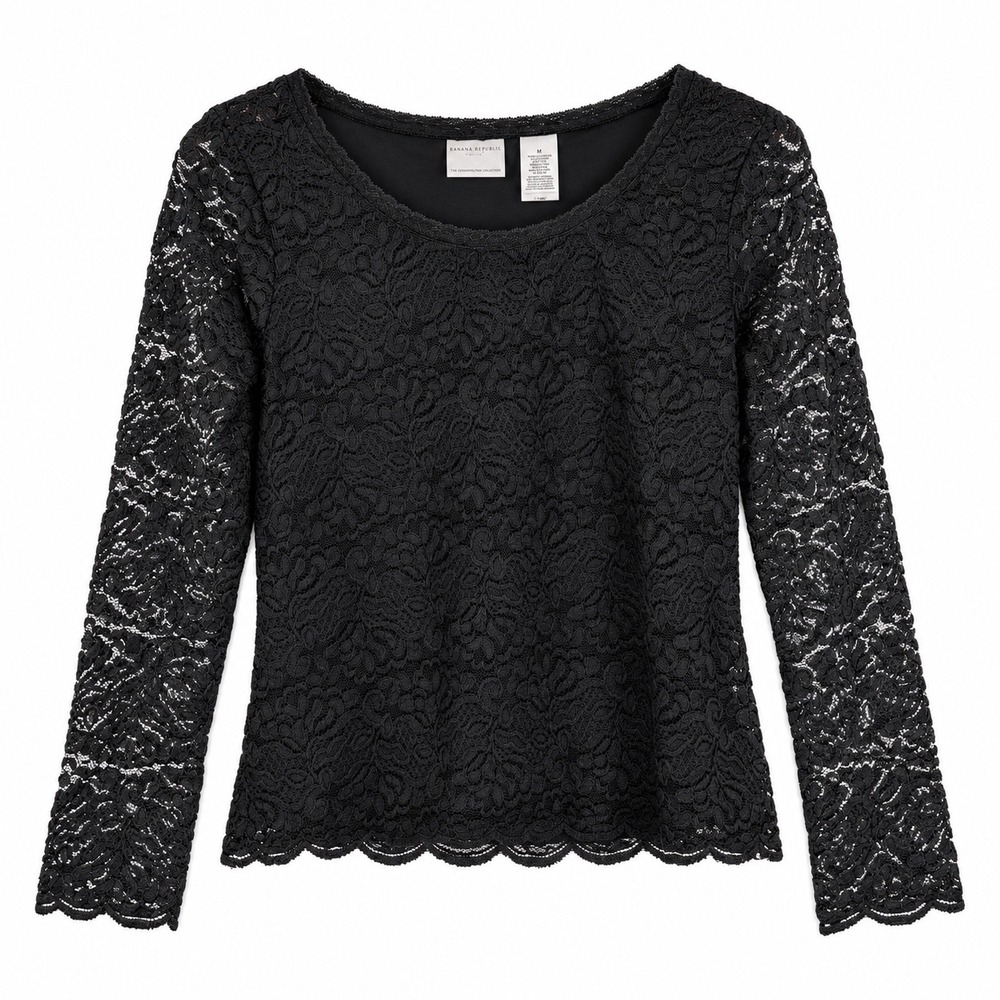Vintage 90s Y2K Top M Lace Sheer Stretchy Long Sleeve Whimisgoth Romantic Black